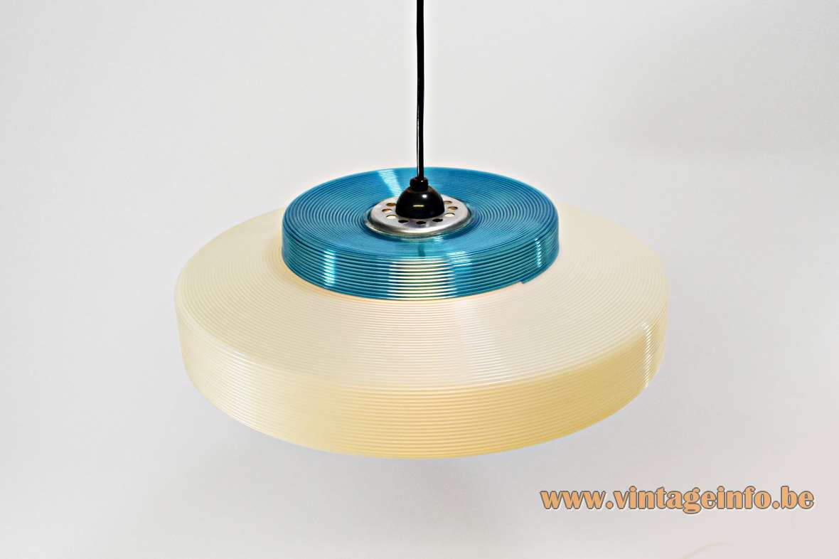 Blue & white Rotaflex pendant lamp design: John & Sylvia Reid iridescent plastic two-tone lampshade 1950s 1960s