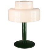Codialpo acrylic table lamp green round metal base & thick rod white round lampshade 1970s Spain
