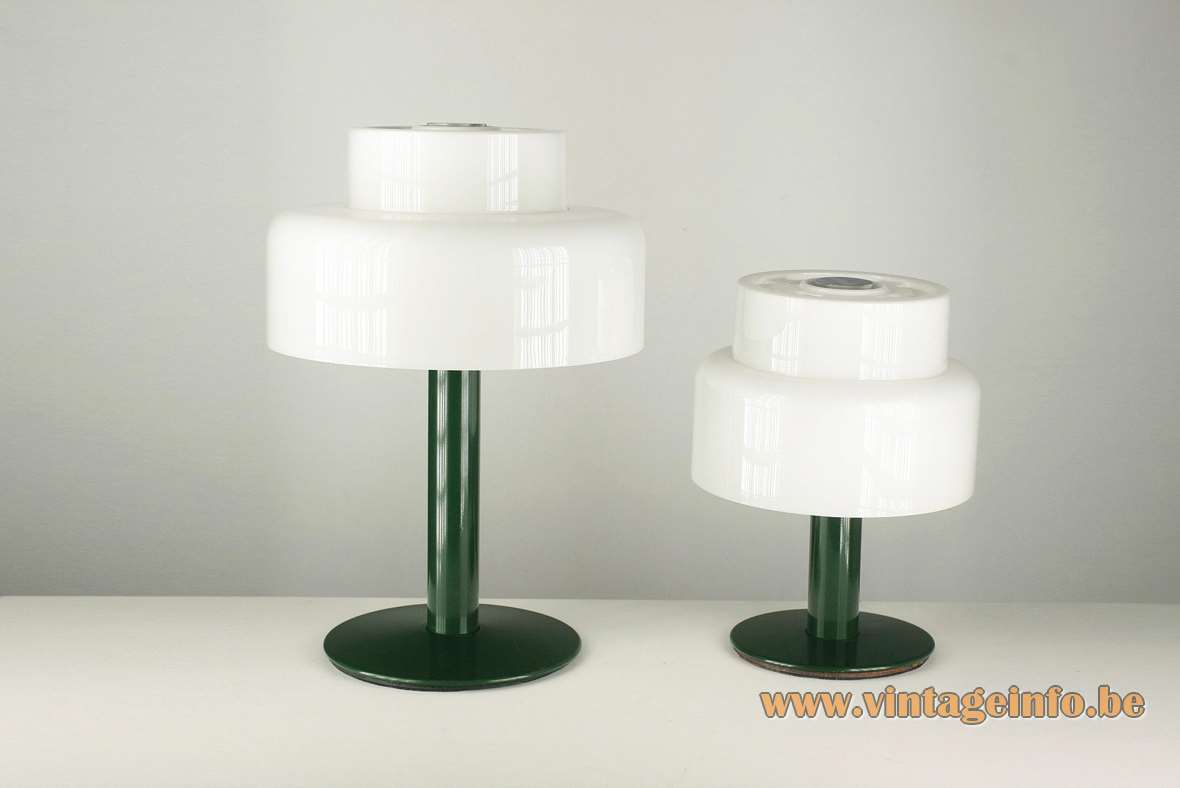 Codialpo acrylic table lamp green round metal base & thick rod white round lampshade 1970s Spain
