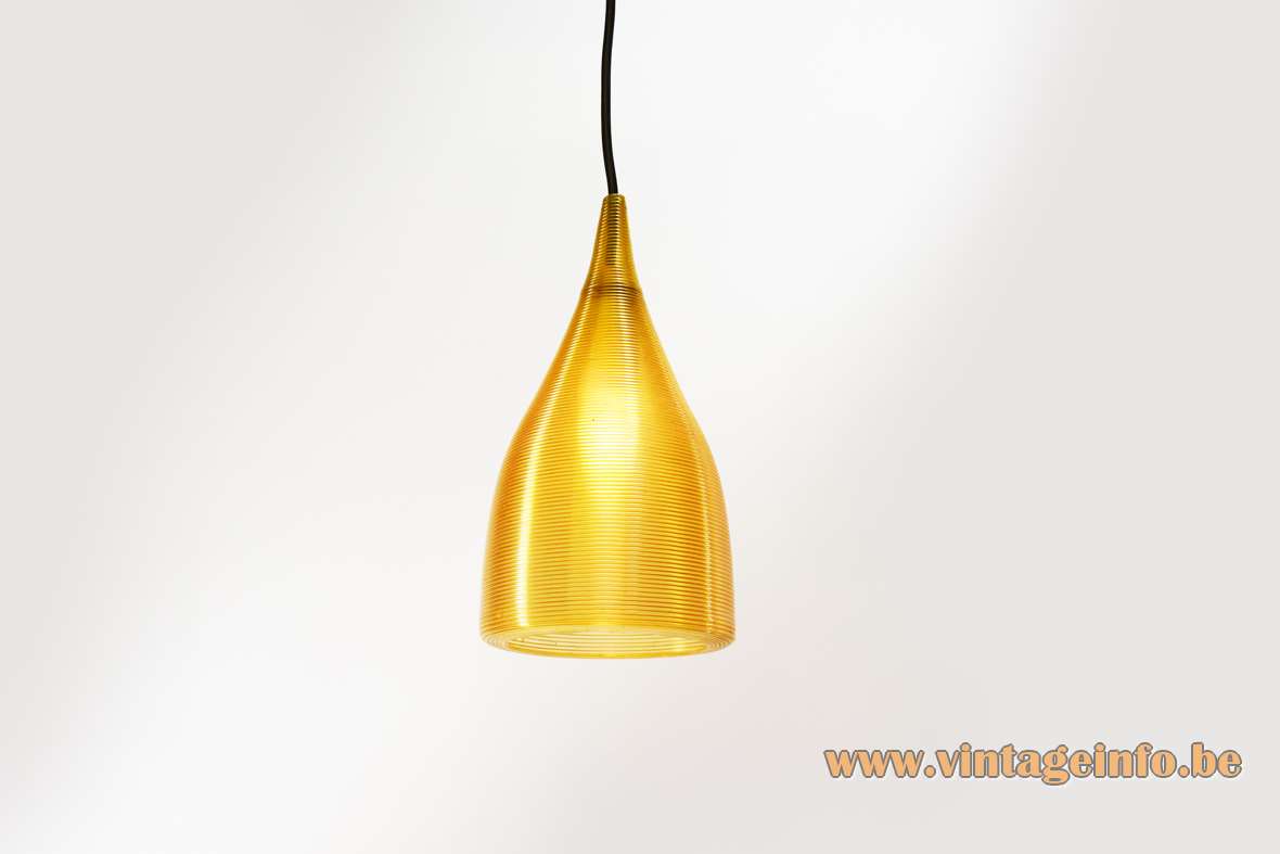 Conical Rotaflex pendant lamp design: John & Sylvia Reid yellow Rhodoid celluloid plastic lampshade 1950s 1960s 
