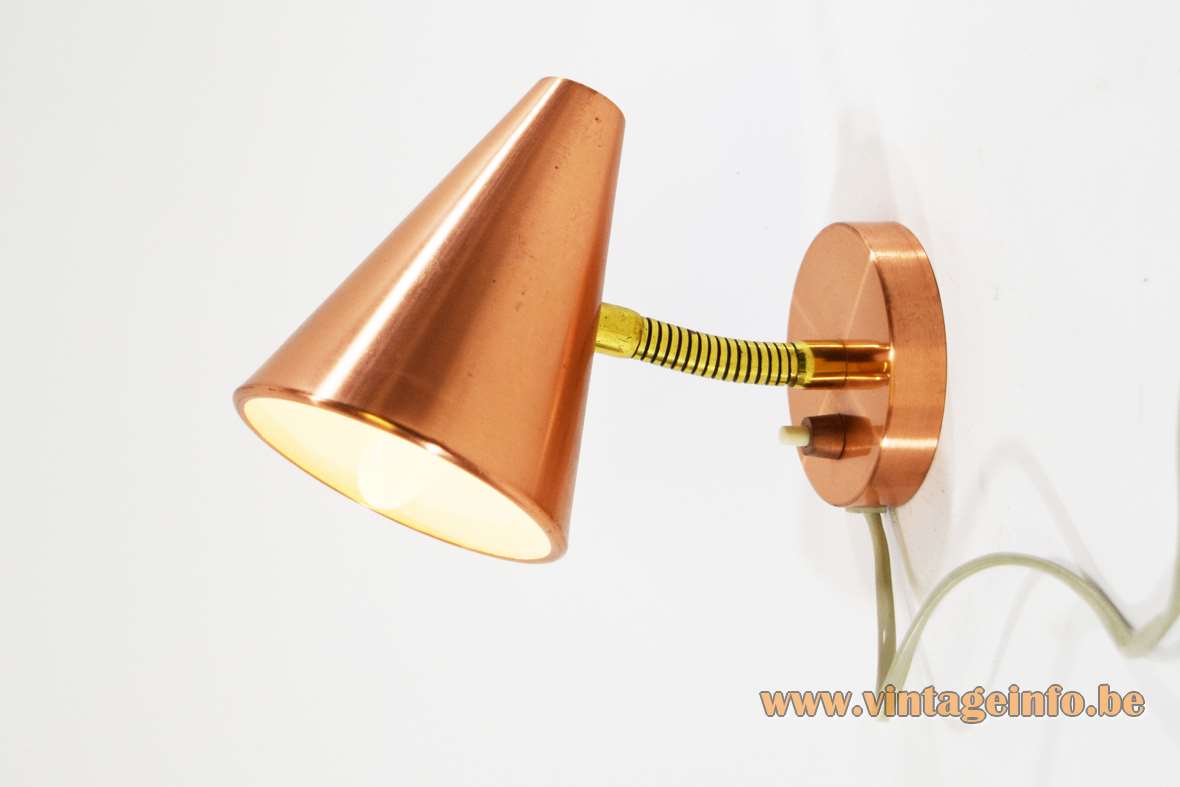 Copper conical wall lamp 1960s 1970s brass gooseneck round wall mount Germany C MCM
