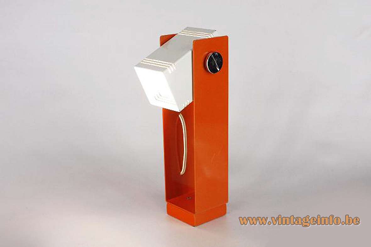 Estiluz table lamp rectangular orange & white metal adjustable lampshade elongated slots chrome ornamental screw 1970s Spain