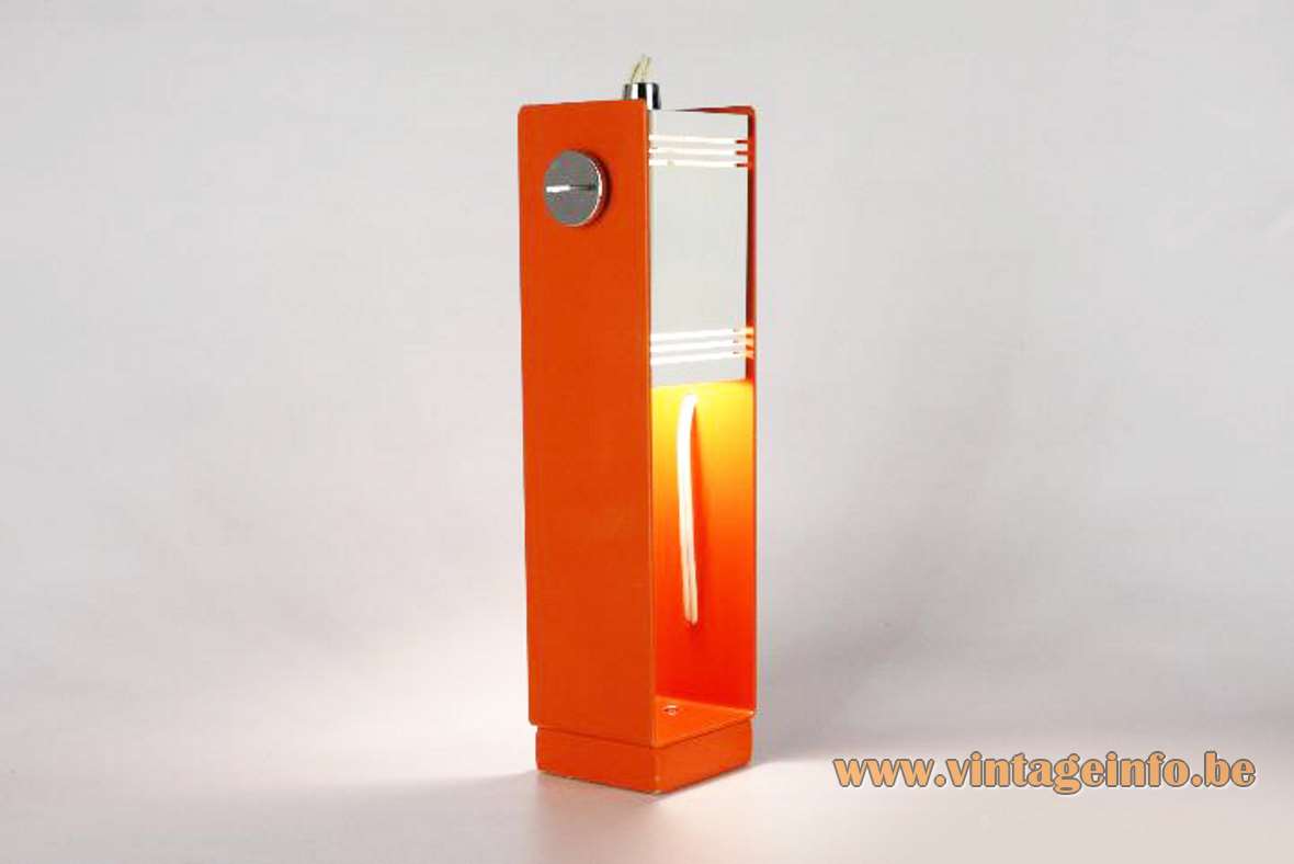 Estiluz table lamp rectangular orange & white metal adjustable lampshade elongated slots chrome ornamental screw 1970s Spain
