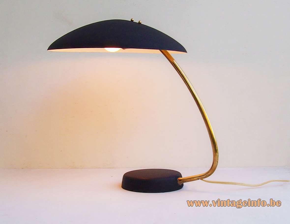 Gebrüder Cosack UFO desk lamp cast iron base brass rod white mushroom lampshade Germany 1950s 1960s