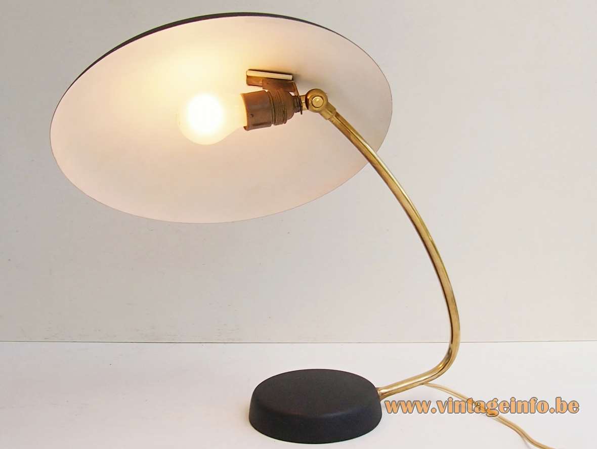 Gebrüder Cosack UFO desk lamp cast iron base brass rod white mushroom lampshade Germany 1950s 1960s
