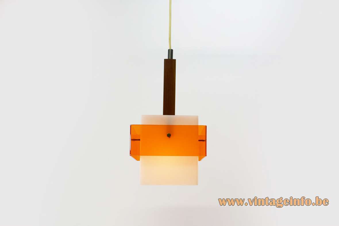 Harvey Creazioni Marconi pendant lamp design: Luigi Massoni square teak white & clear orange acrylic Guzzini 1960s