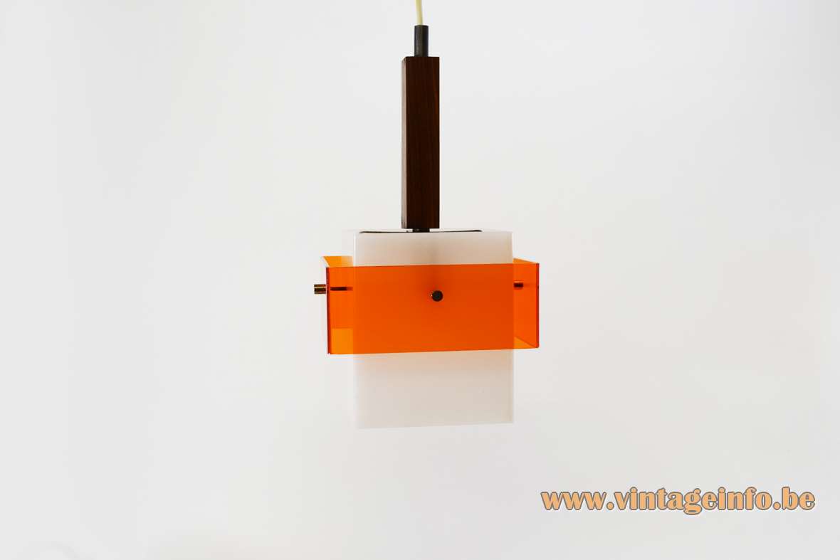 Harvey Creazioni Marconi pendant lamp design: Luigi Massoni square teak white & clear orange acrylic Guzzini 1960s