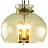 Herbert Proft Glashütte Limburg chandelier mottled bubble glass lampshade 4 brass tubes rods & chains 1970s Germany