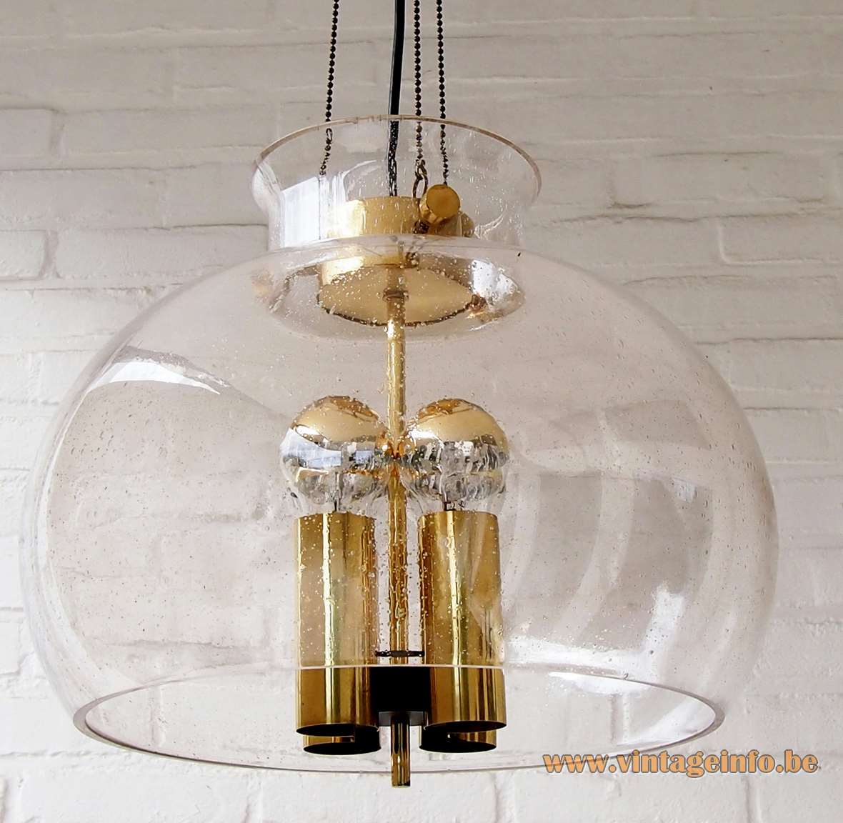 Herbert Proft Glashütte Limburg chandelier clear glass globe 4 brass tubes rods & chains 1970s Germany 