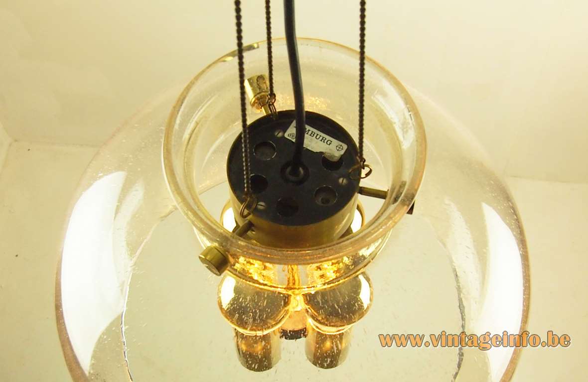 Herbert Proft Glashütte Limburg chandelier clear glass globe 4 brass tubes rods & chains 1970s Germany 