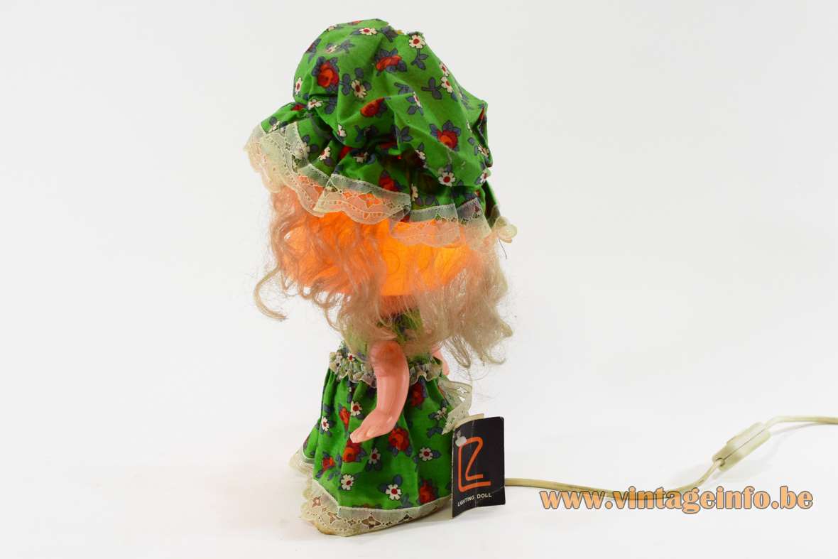 Linea Zero bobblehead rag doll table lamp girl puppet plastic PVC green fabric 1970s 1980s Italy