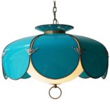 Lotus flower pendant lamp blue petals white acrylic lampshade brass chain 1960s 1950s USA swag MCM