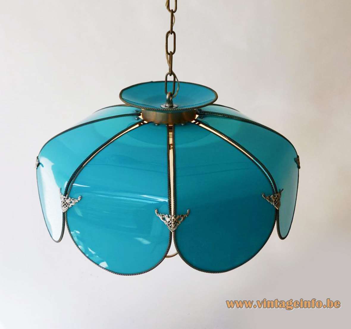 Lotus flower pendant lamp blue petals white acrylic lampshade brass chain 1960s 1950s USA swag MCM