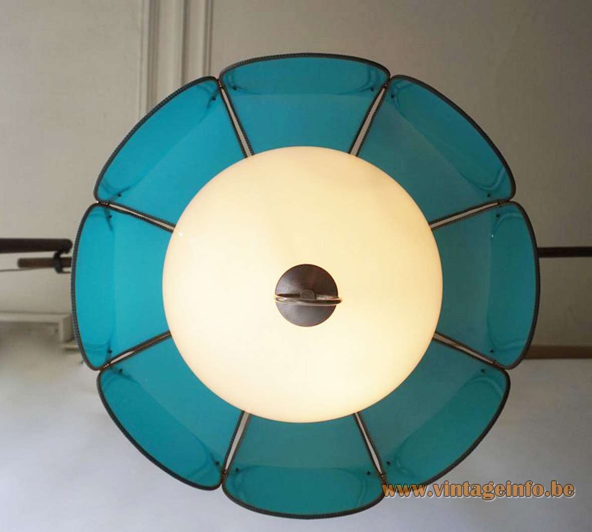 Lotus flower pendant lamp blue petals white acrylic lampshade brass chain 1960s 1950s USA swag MCM