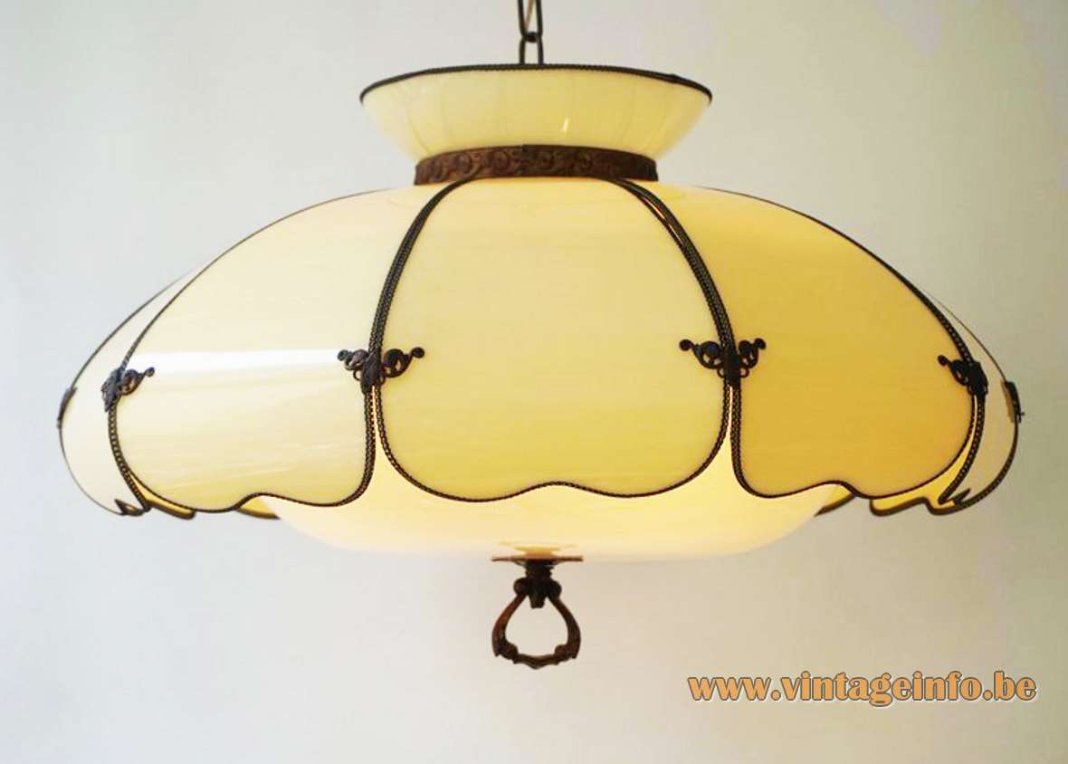 Lotus petal pendant lamp yellow flower leaves white acrylic lampshade brass chain 1950s 1960s USA swag