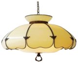 Lotus petal pendant lamp yellow flower leaves white acrylic lampshade brass chain 1950s 1960s USA swag