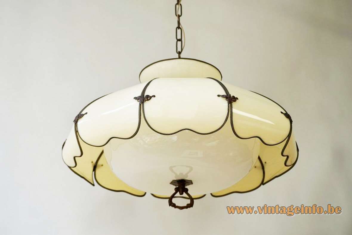 Lotus petal pendant lamp yellow flower leaves white acrylic lampshade brass chain 1950s 1960s USA swag