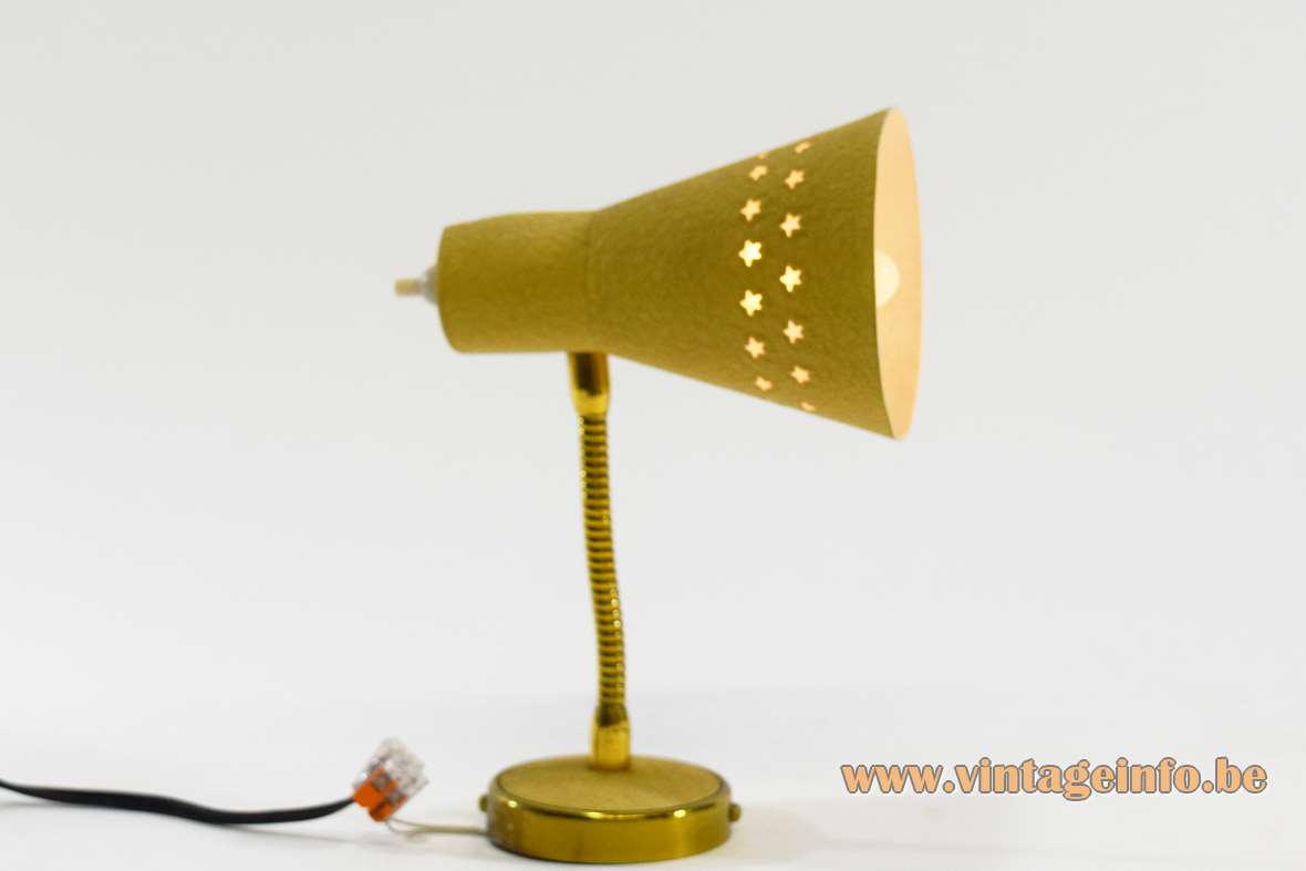 Perforated stars wall lamp brass gooseneck conical lampshade yellow wrinkle-paint five-pointed pentagram stars 1950s 1960s 