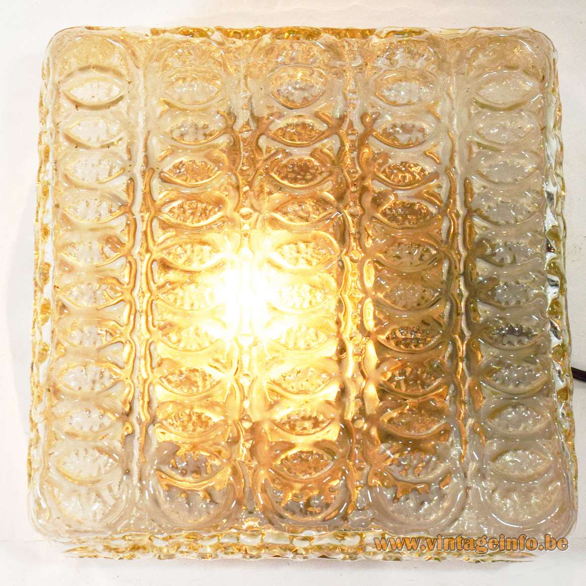 Square amber glass flush mount embossed ceiling lamp E27 socket 1960s 1970s Glashütte Limburg Germany