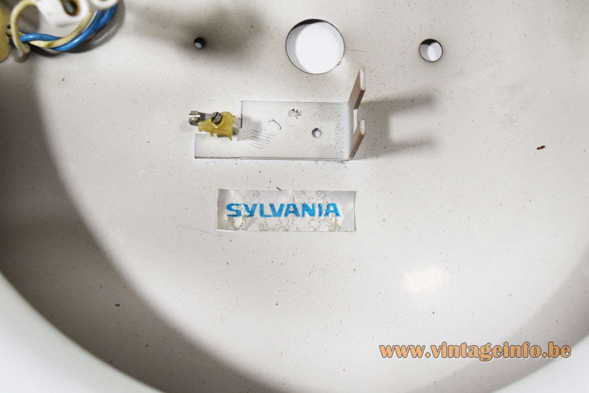 SYLVANIA square white acrylic flush mount 1970s circular fluorescent lamp black mount MCM 1980s - Label