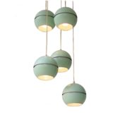 VEB Leuchtenbau cascade pendant chandelier 5 mint green metal globes AKA ELECTRIC East Germany GDR 1960s