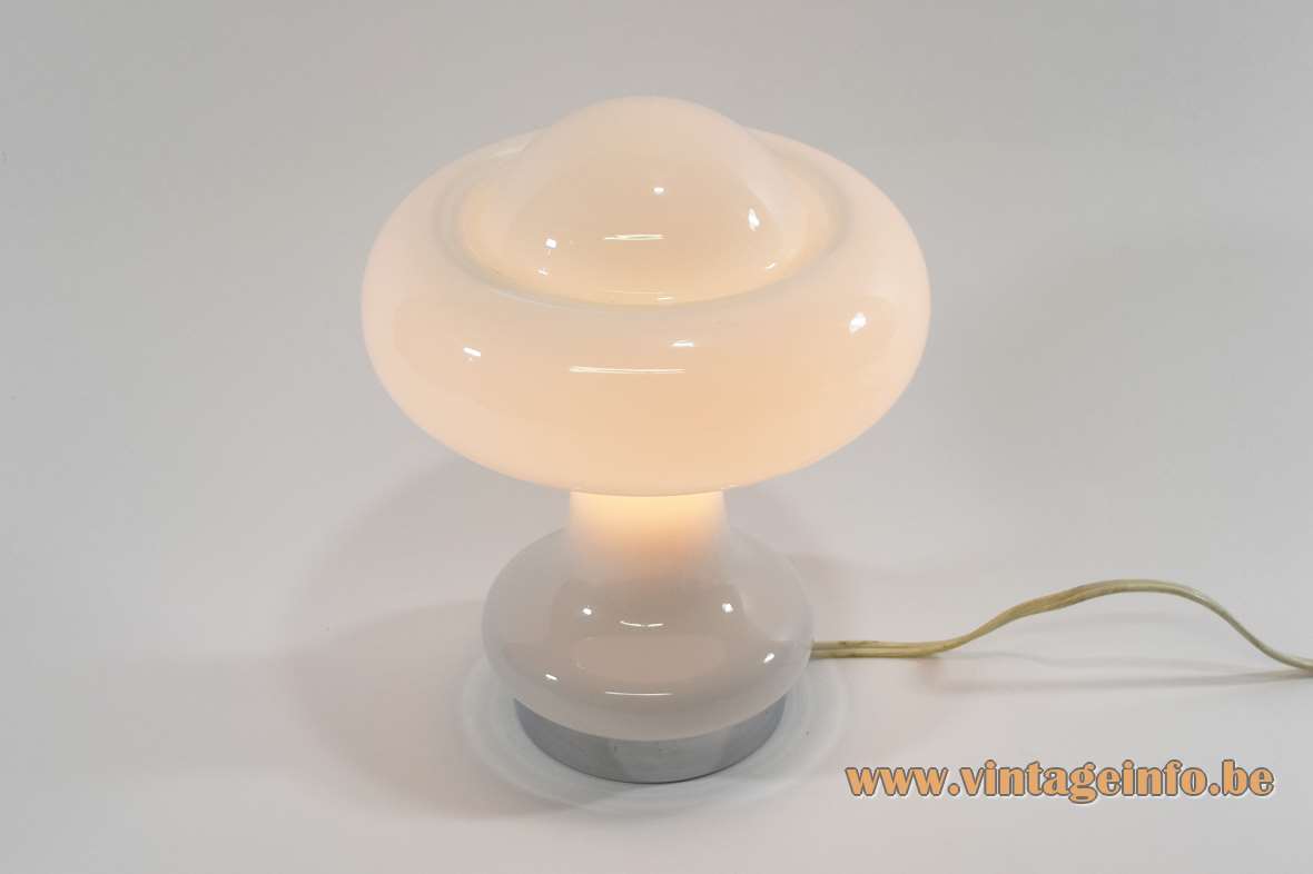 1960s atomic mushroom table lamp white opal glass lampshade round chrome base Massive Belgium 1970s Mazzega