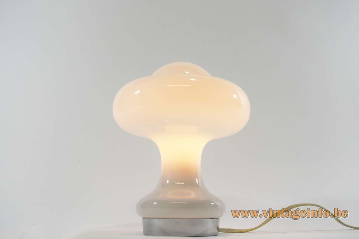 1960s atomic mushroom table lamp white opal glass lampshade round chrome base Massive Belgium 1970s Mazzega