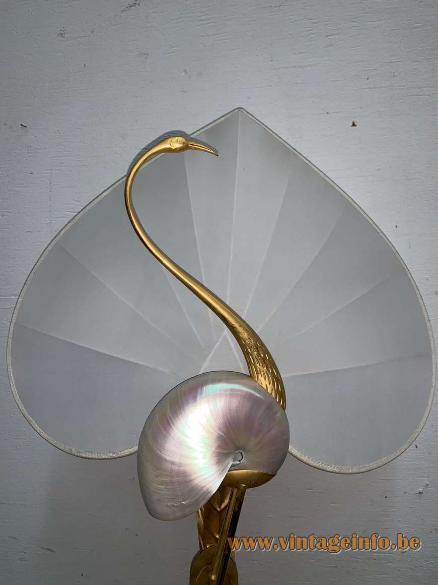 Antonio Pavia crane table lamp brass bird silk lampshade nautilus shell design: Studio Antonio Pavia 1970s