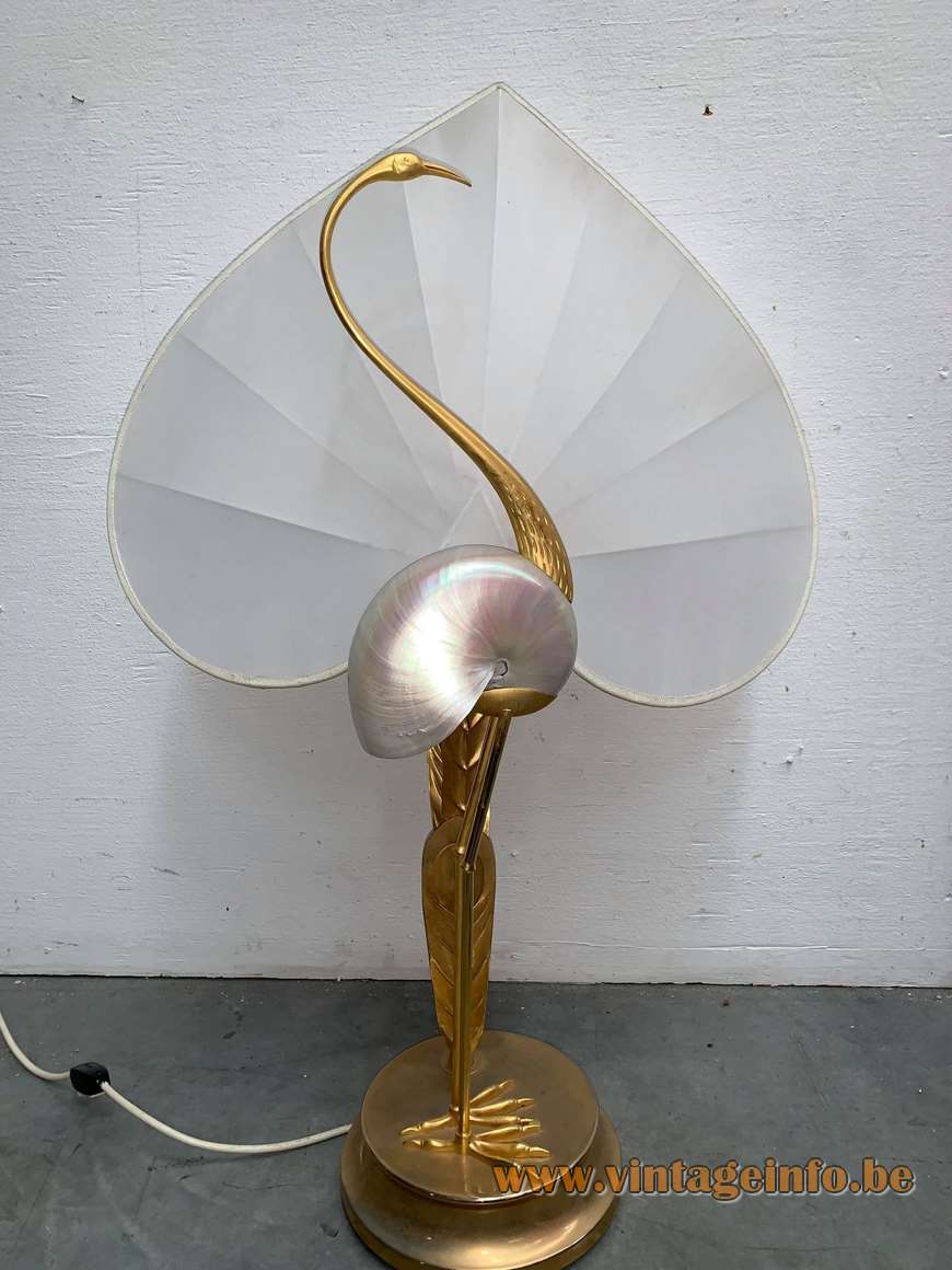 Antonio Pavia crane table lamp brass bird silk lampshade nautilus shell design: Studio Antonio Pavia 1970s