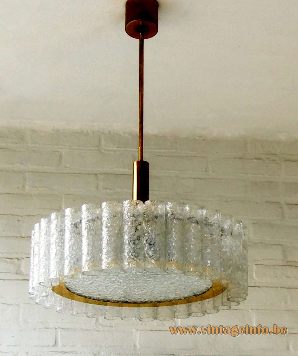 DORIA Mid-Century glass tubes chandelier 32 tubes big disc brass ring 1960s 1970s Germany