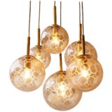 DORIA croco-ice cascade chandelier 6 amber glass globes pendant lamps brass spider mount 1970s Germany