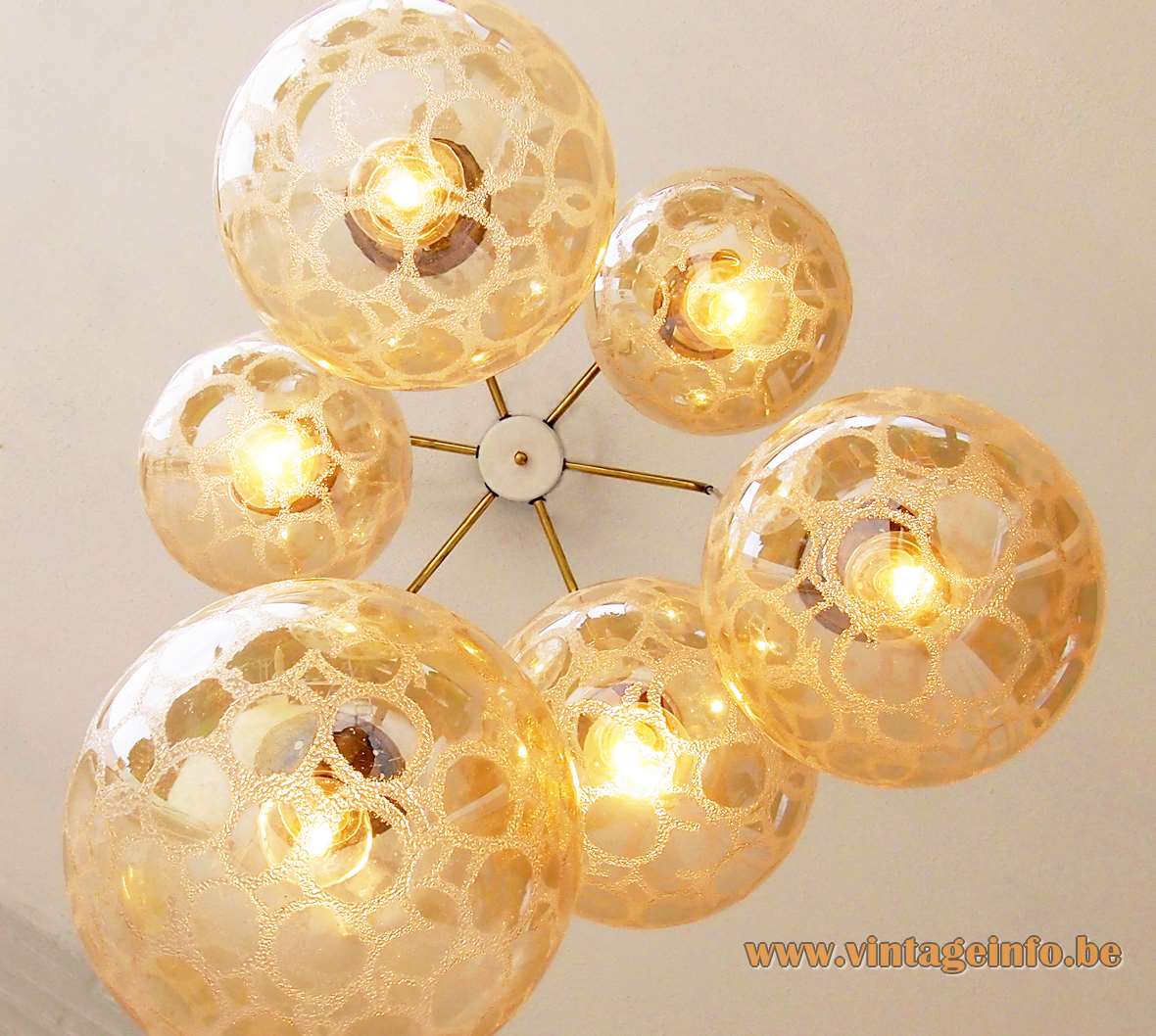 DORIA croco-ice cascade chandelier 6 amber glass globes pendant lamps brass spider mount 1970s Germany