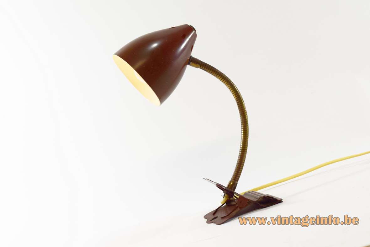 Hala Ukkie clamp lamp brown round conical metal lampshade brass gooseneck E14 socket 1950s 1960s