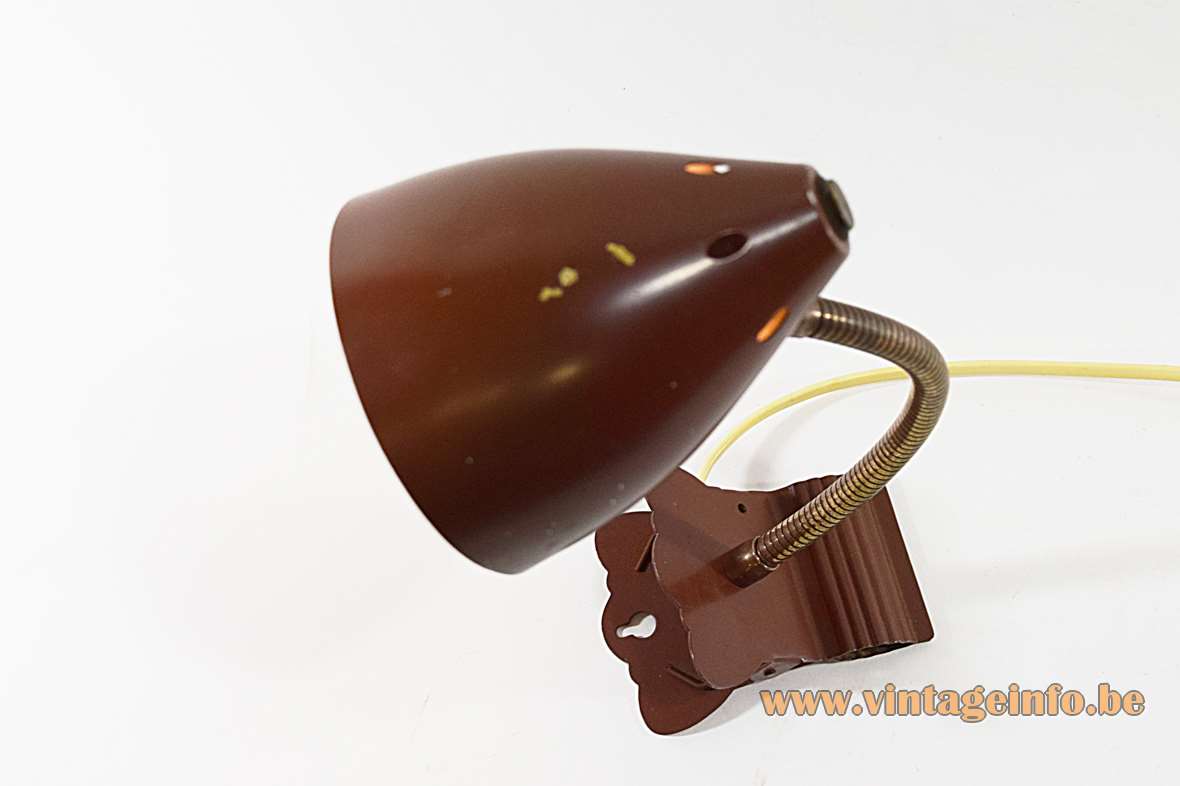 Hala Ukkie clamp lamp brown round conical metal lampshade brass gooseneck E14 socket 1950s 1960s