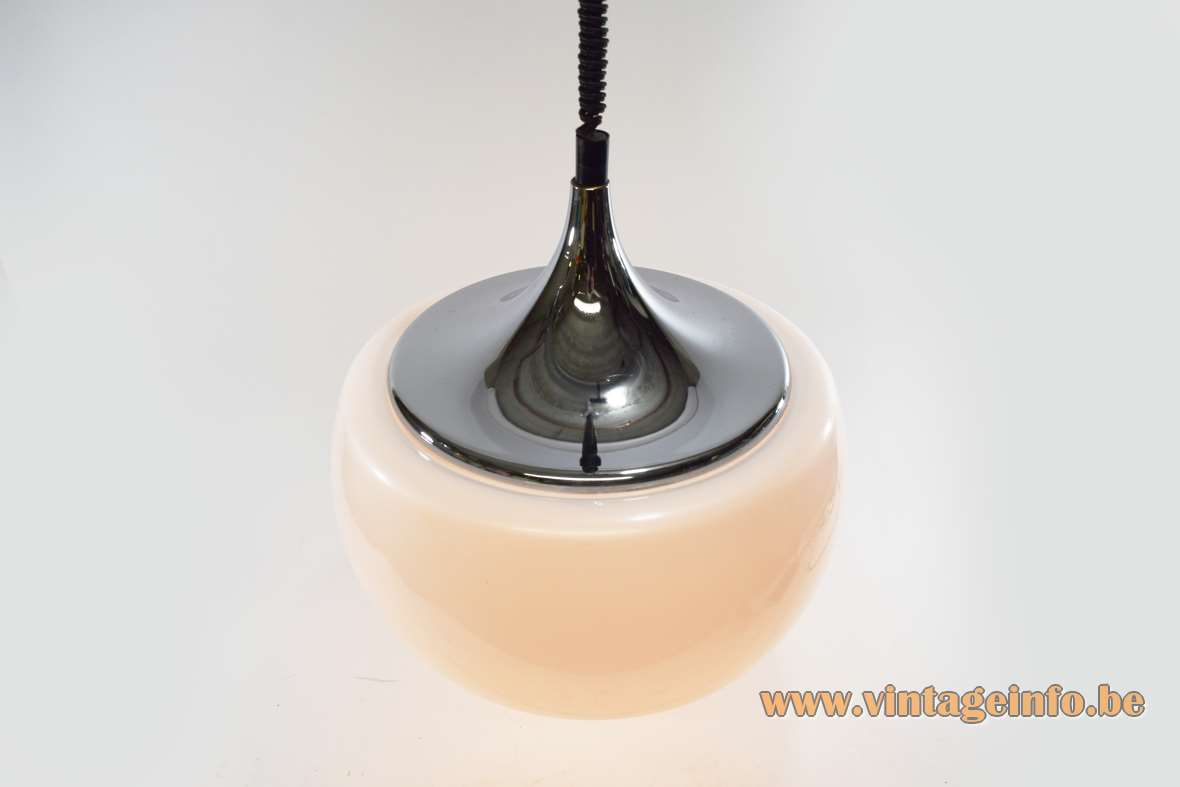 Harvey Guzzini rise & fall pendant lamp design: Luigi Massoni white acrylic lampshade chrome lid 1960s 1970s