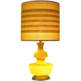Holmegaard table lamp aluminium base yellow-ochre glass round striped fabric lampshade 1960s 1970s Massive Belgium