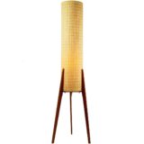 Leclaire & Schäfer rocket floor lamp pine wood tripod legs fabric tubular lampshade 1960s Germany E27 socket