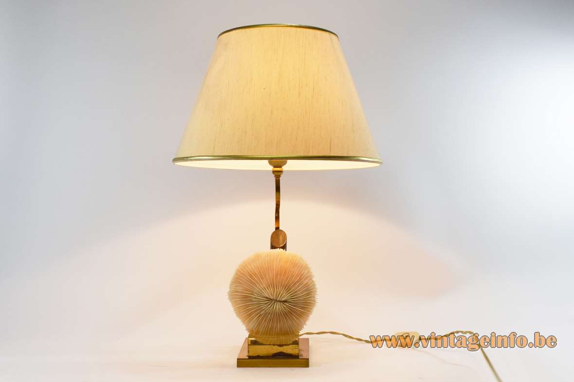 Mushroom coral table lamp rectangular brass base clear polyester mount conical fabric lampshade 1970s Belgium France