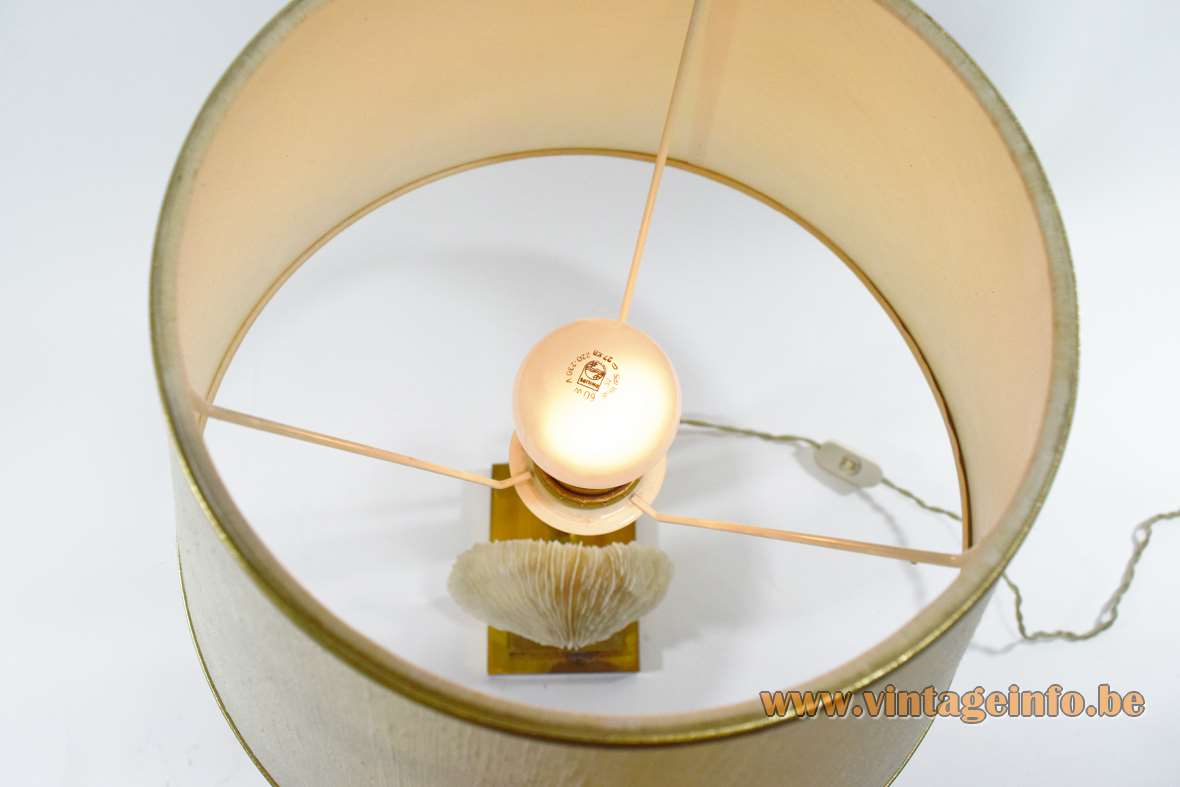 Mushroom coral table lamp rectangular brass base clear polyester mount conical fabric lampshade 1970s Belgium France