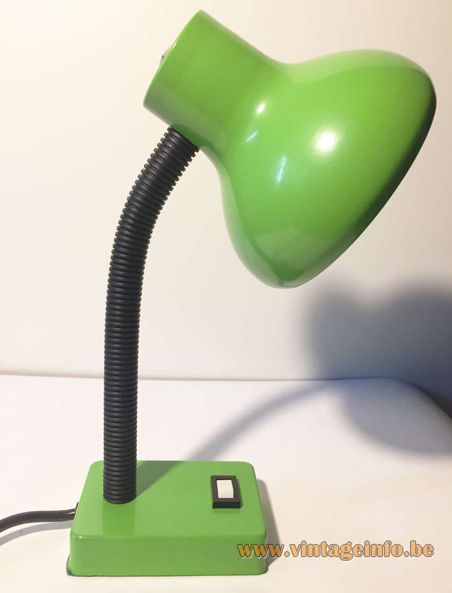 Pfäffle 1970s desk lamp rectangular green metal base black plastic tube gooseneck round green lampshade Germany
