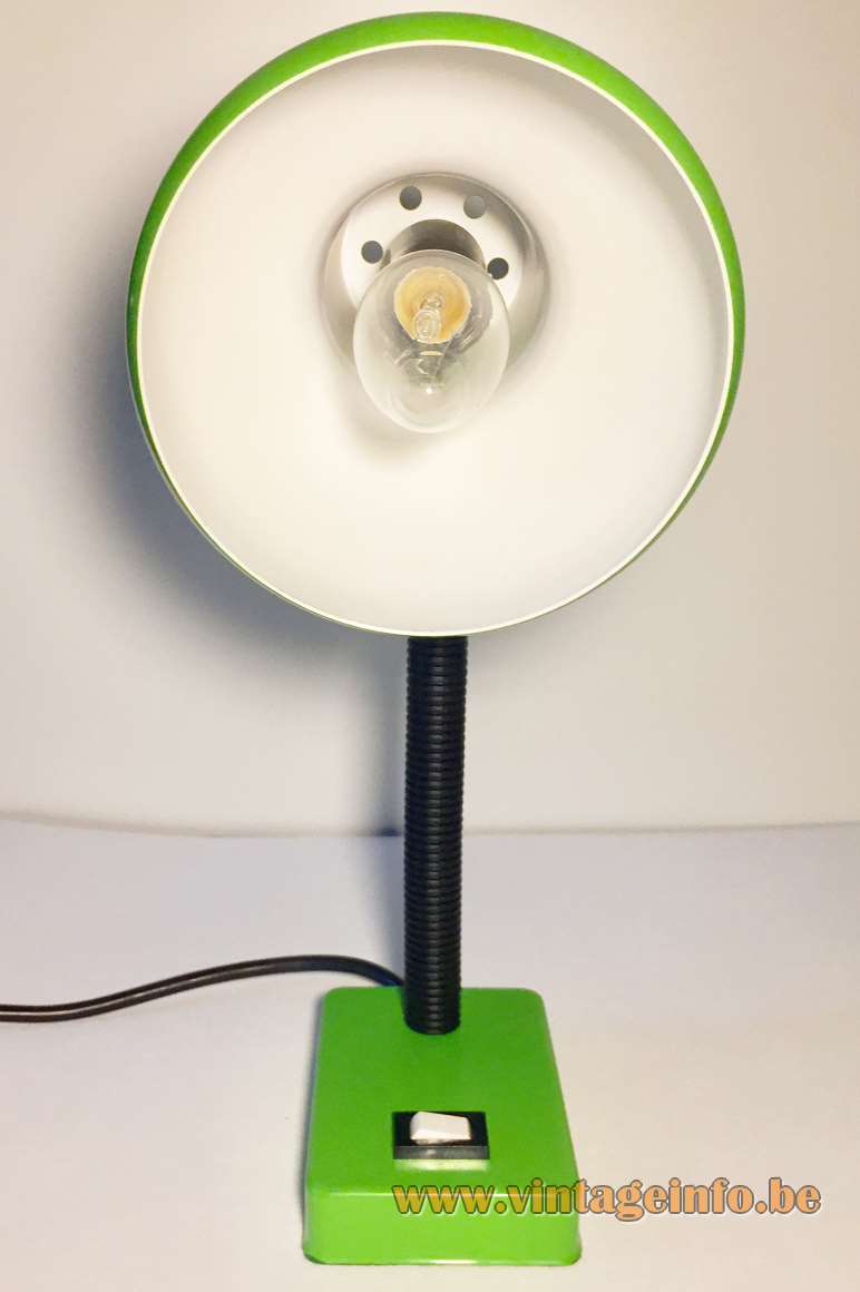 Pfäffle 1970s desk lamp rectangular green metal base black plastic tube gooseneck round green lampshade Germany