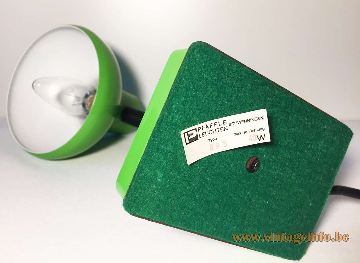 Pfäffle 1970s desk lamp rectangular green metal base black plastic tube gooseneck round lampshade Germany label