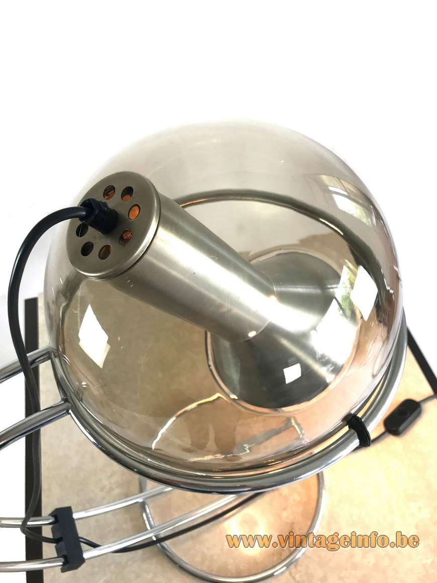 Raak Tropic table lamp 1970s design Frank Ligtelijn smoked glass globe curved chrome double wire rod