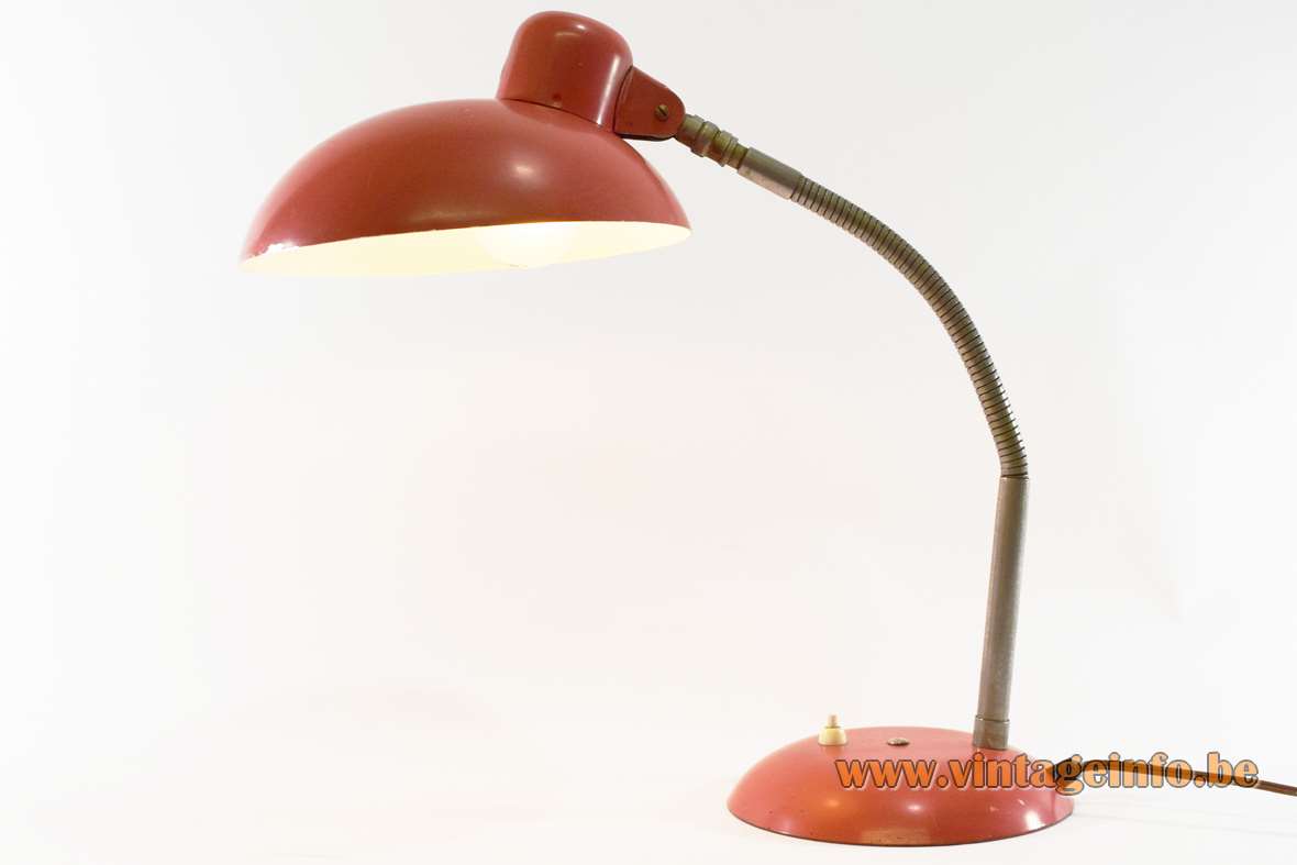 SIS Bauhaus desk lamp pink-red round lampshade curved base chrome gooseneck 1960s Germany Christian Dell 