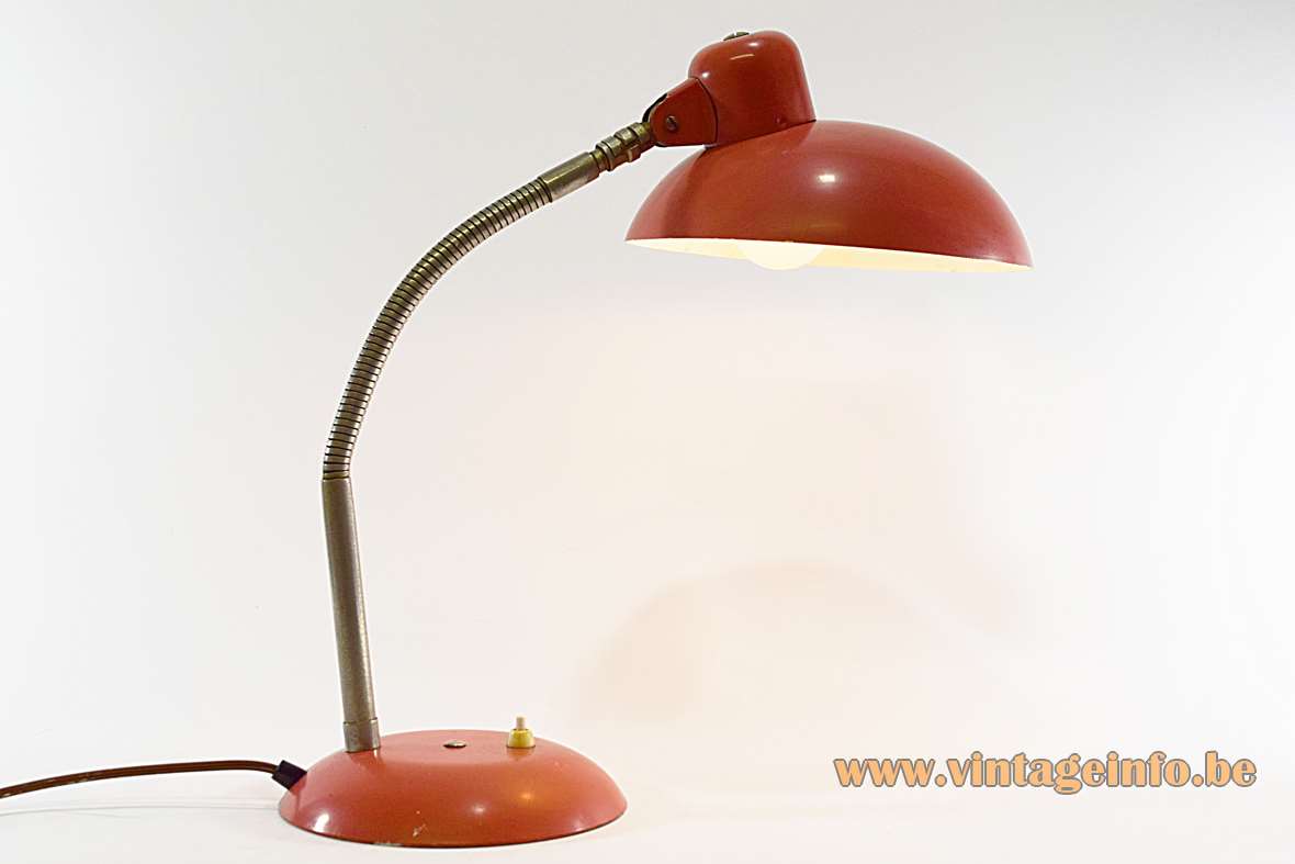 SIS Bauhaus desk lamp pink-red round lampshade curved base chrome gooseneck 1960s Germany Christian Dell 
