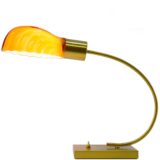 Brass shell desk lamp rectangular metal base curved rod orange glass lampshade 1970s 1980s Tommaso Barbi Italy