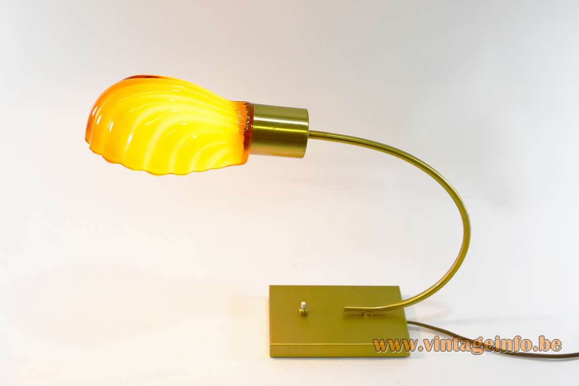 Brass shell desk lamp rectangular metal base curved rod orange glass lampshade 1970s 1980s Tommaso Barbi Italy