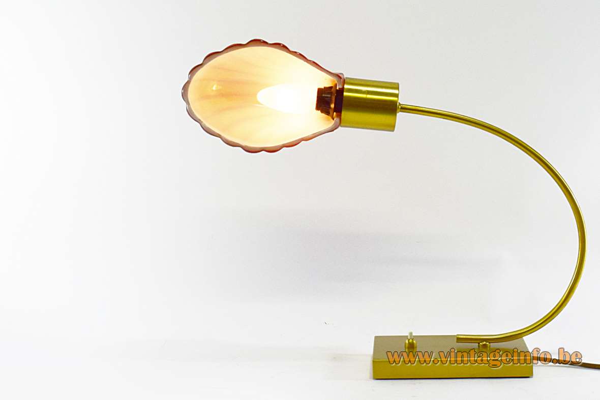 Brass shell desk lamp rectangular metal base curved rod orange glass lampshade 1970s 1980s Tommaso Barbi Italy