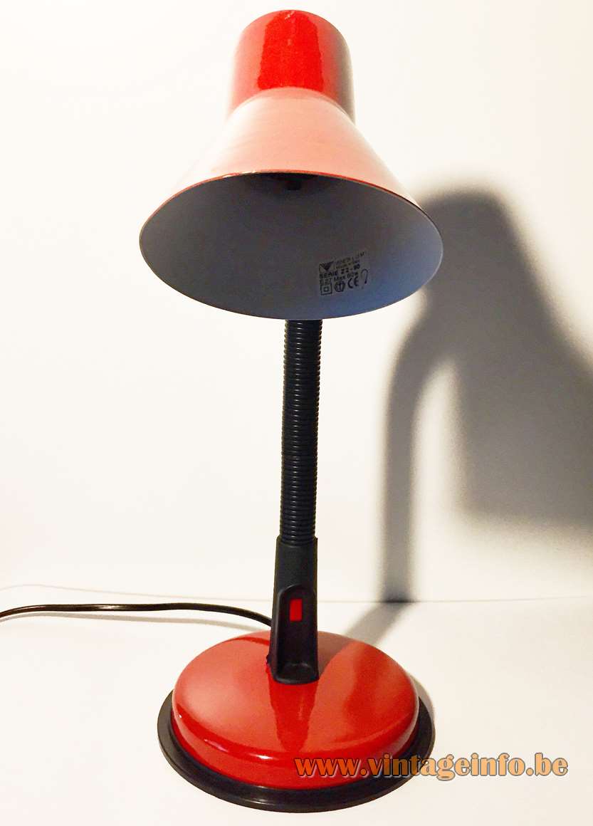 Veneta Lumi 1990s desk lamp red round base conical lampshade black tube gooseneck E27 socket Italy