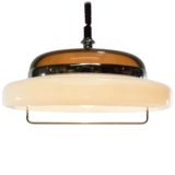 White & smoked acrylic rise & fall pendant lamp round lampshade chrome handle 1970s Massive Belgium E27 sockets